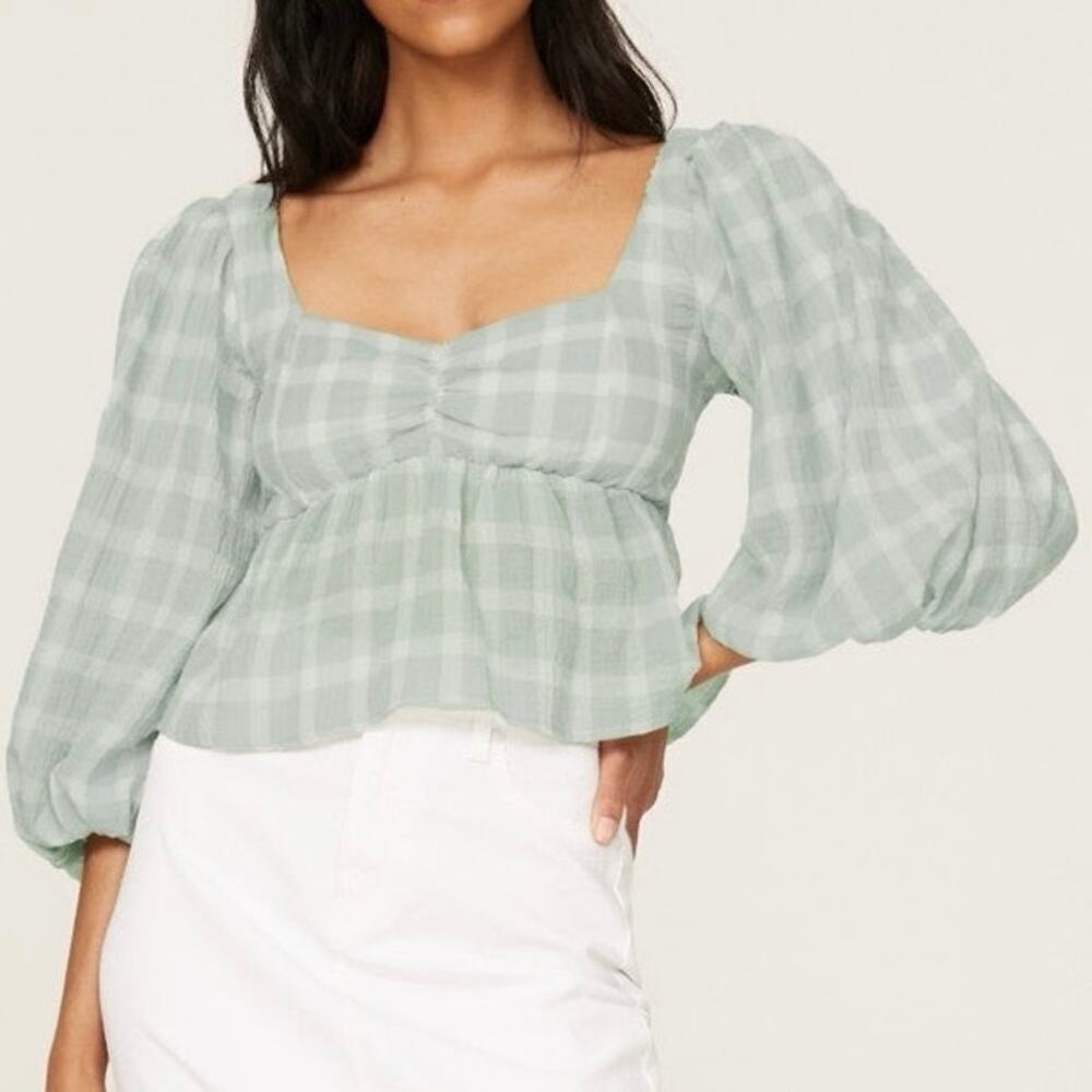 SHOW ME YOUR MUMU Angelique Balloon Sleeve Green Gingham Top Revolve - Sz Small